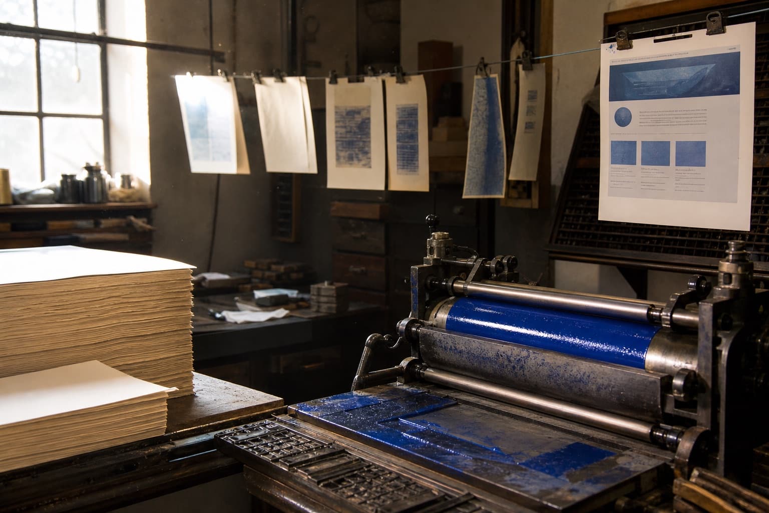A letterpress studio with stacks of paper, cobalt ink, and printed sheets hanging on clips.