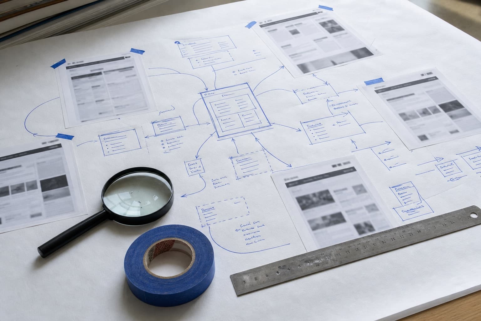 A drafting table with a hand-drawn website map in cobalt ink, printed screenshots, and a magnifying glass.